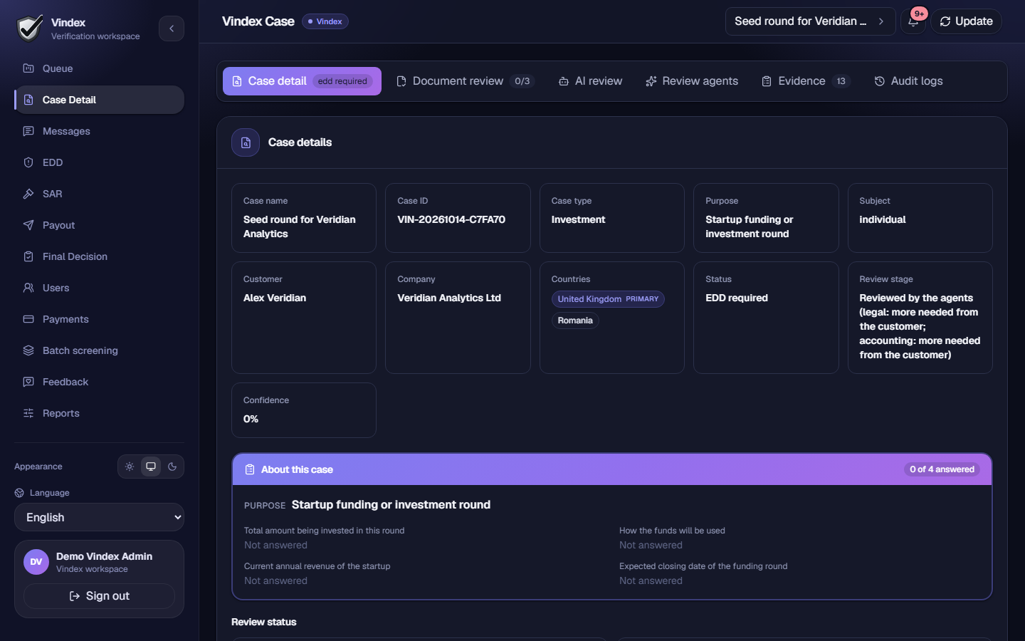A case open in the admin workspace