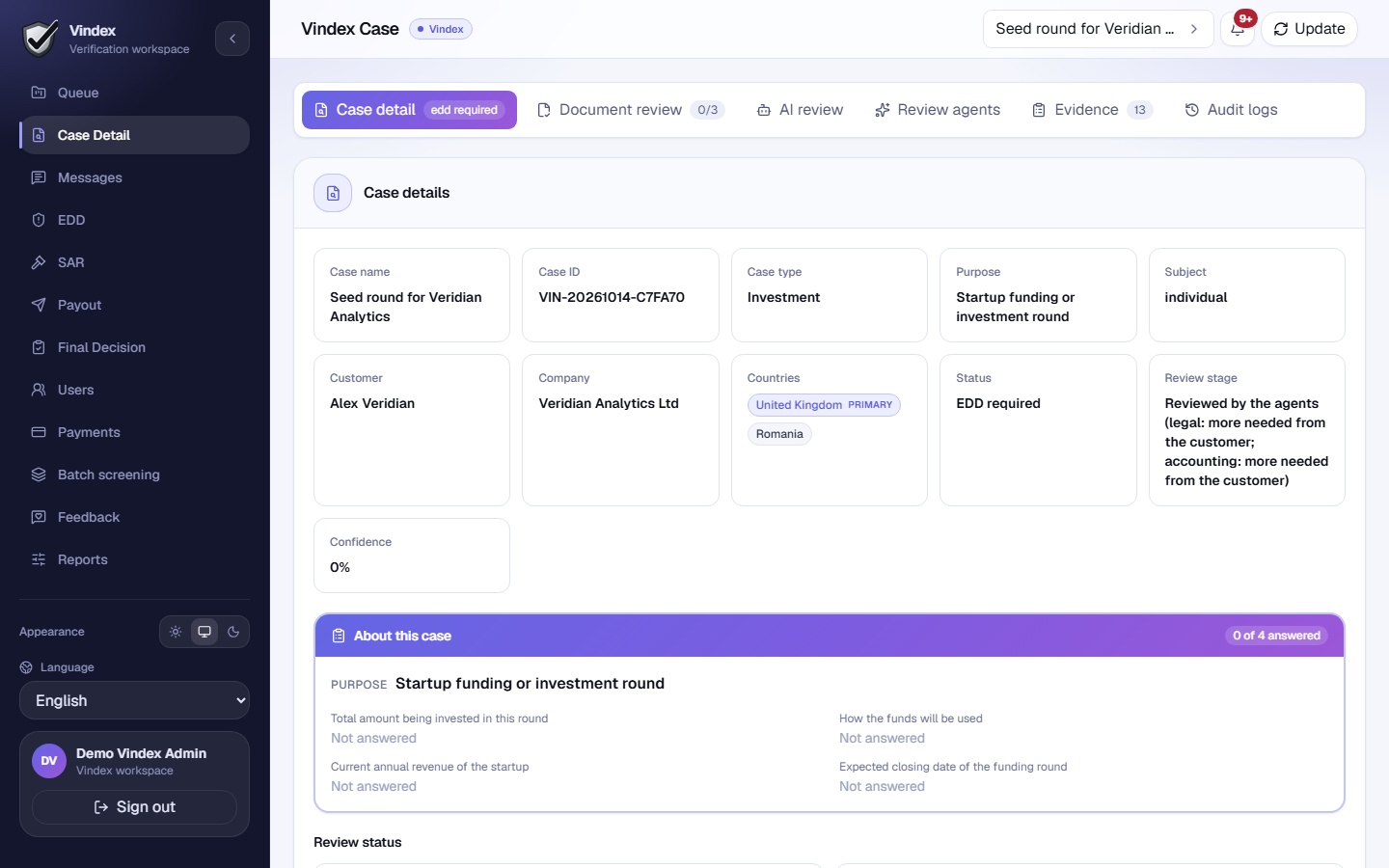 A case open in the admin workspace
