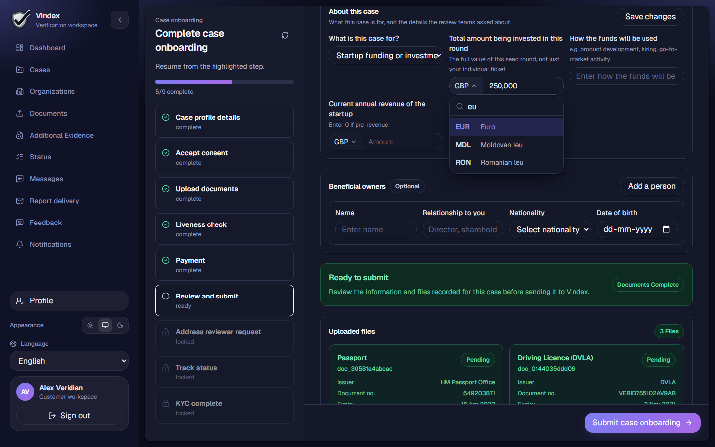 Case questions with the currency list open