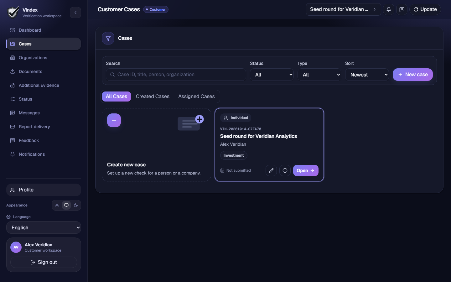 A customer's workspace in Vindex