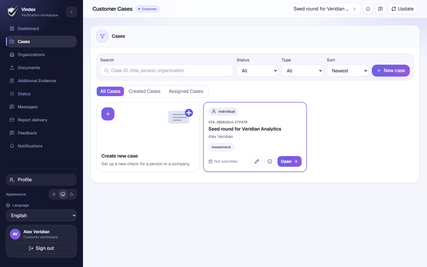 A customer's workspace in Vindex