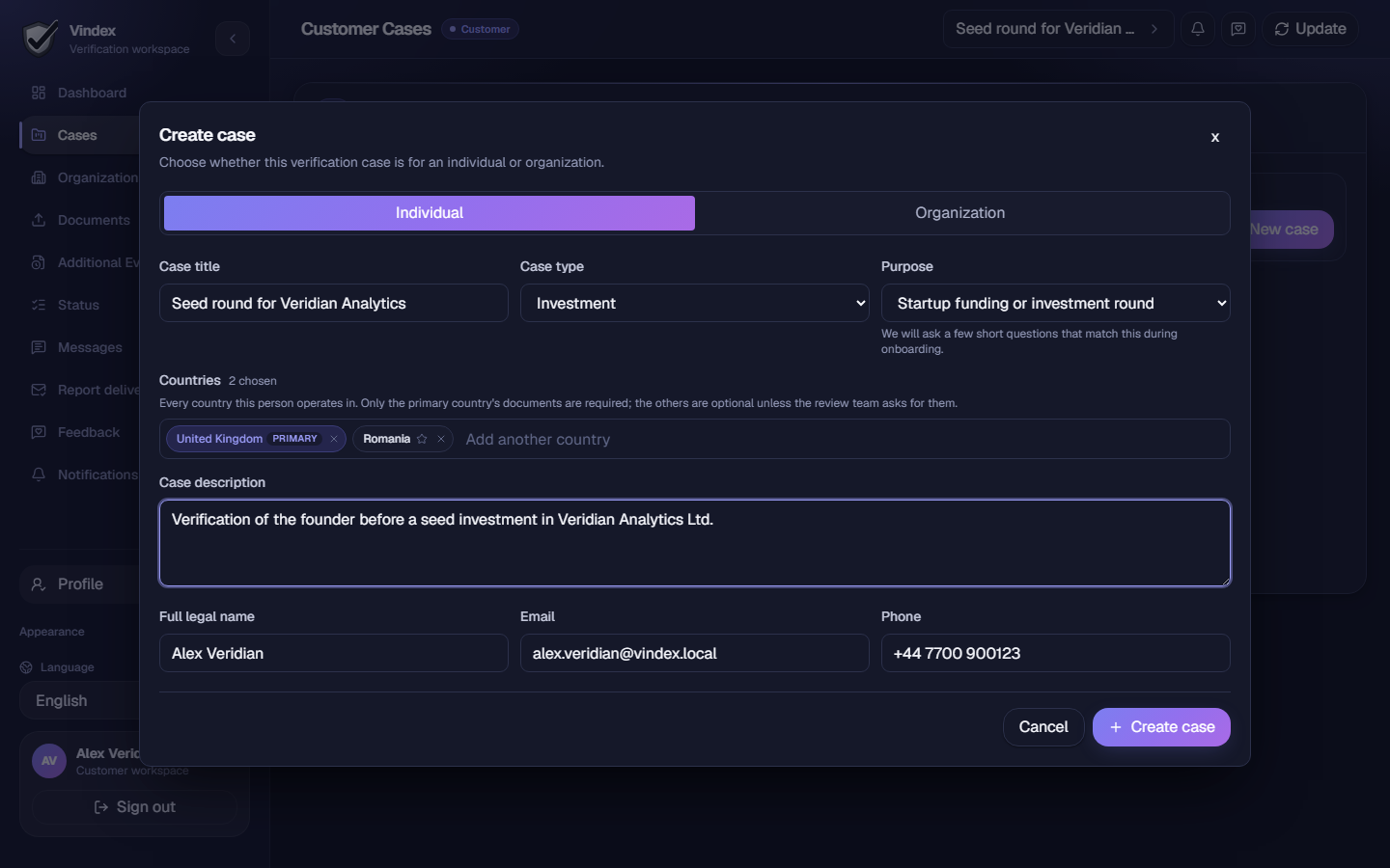The Create case form