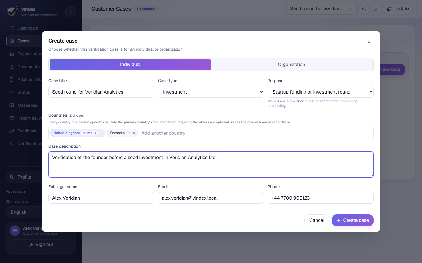 The Create case form