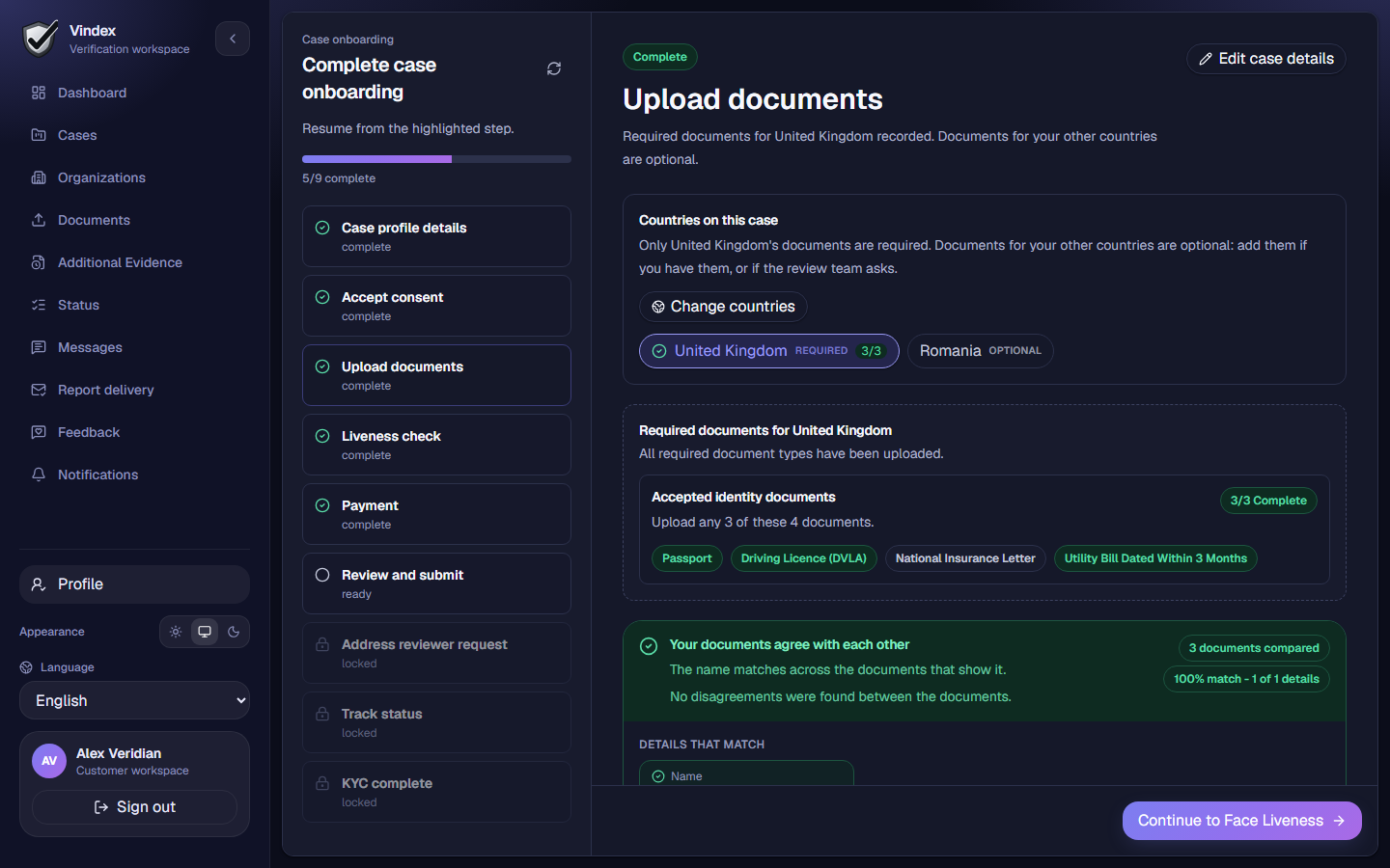 The documents step, with the case's countries and their checklists