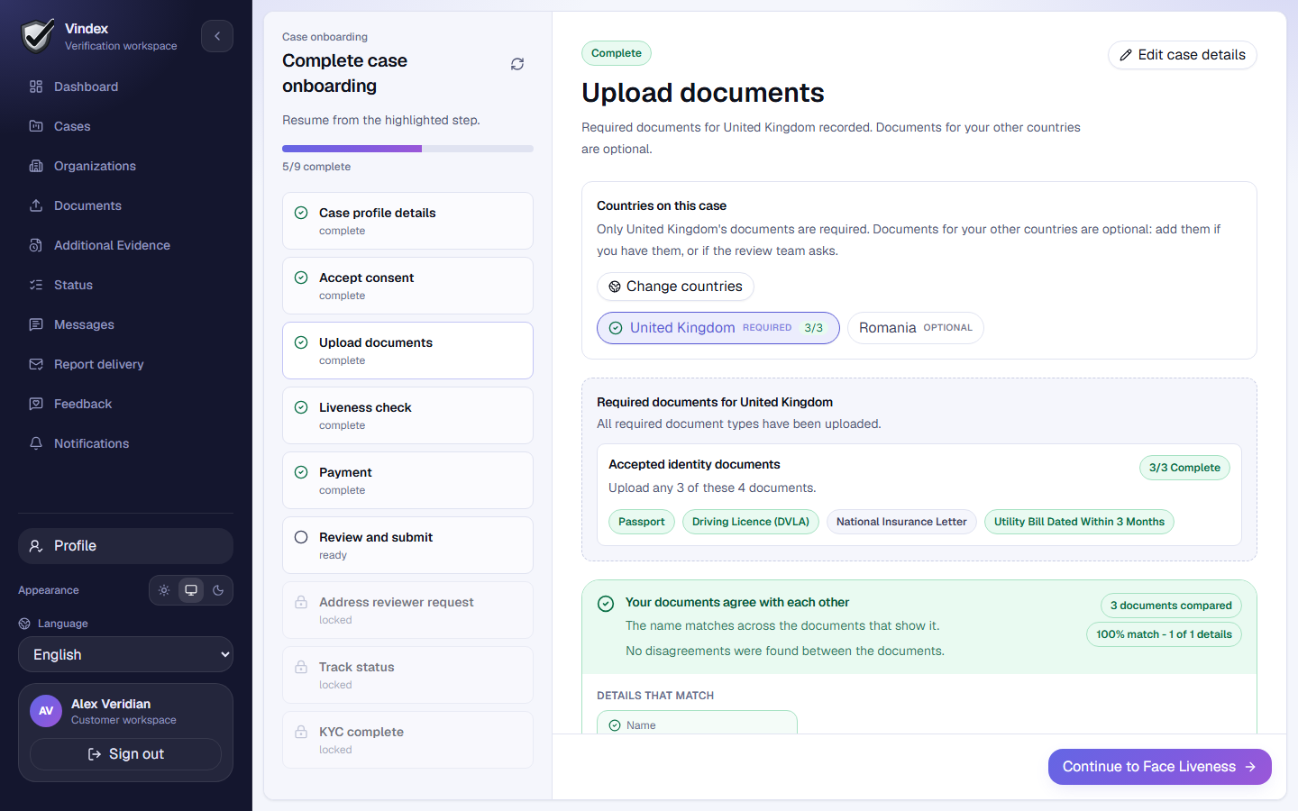 The documents step, with the case's countries and their checklists