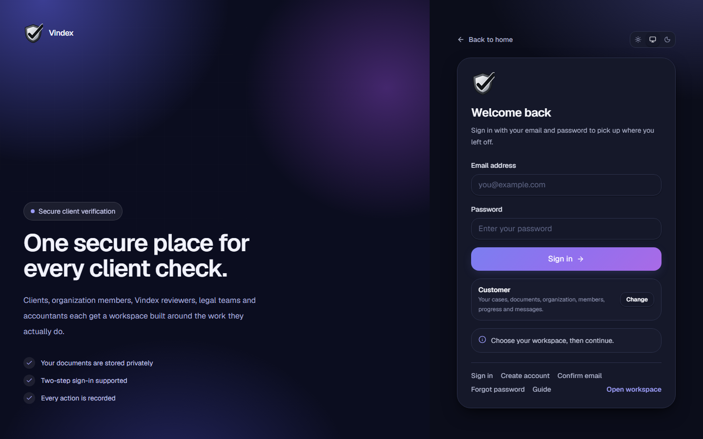 The Vindex sign-in page