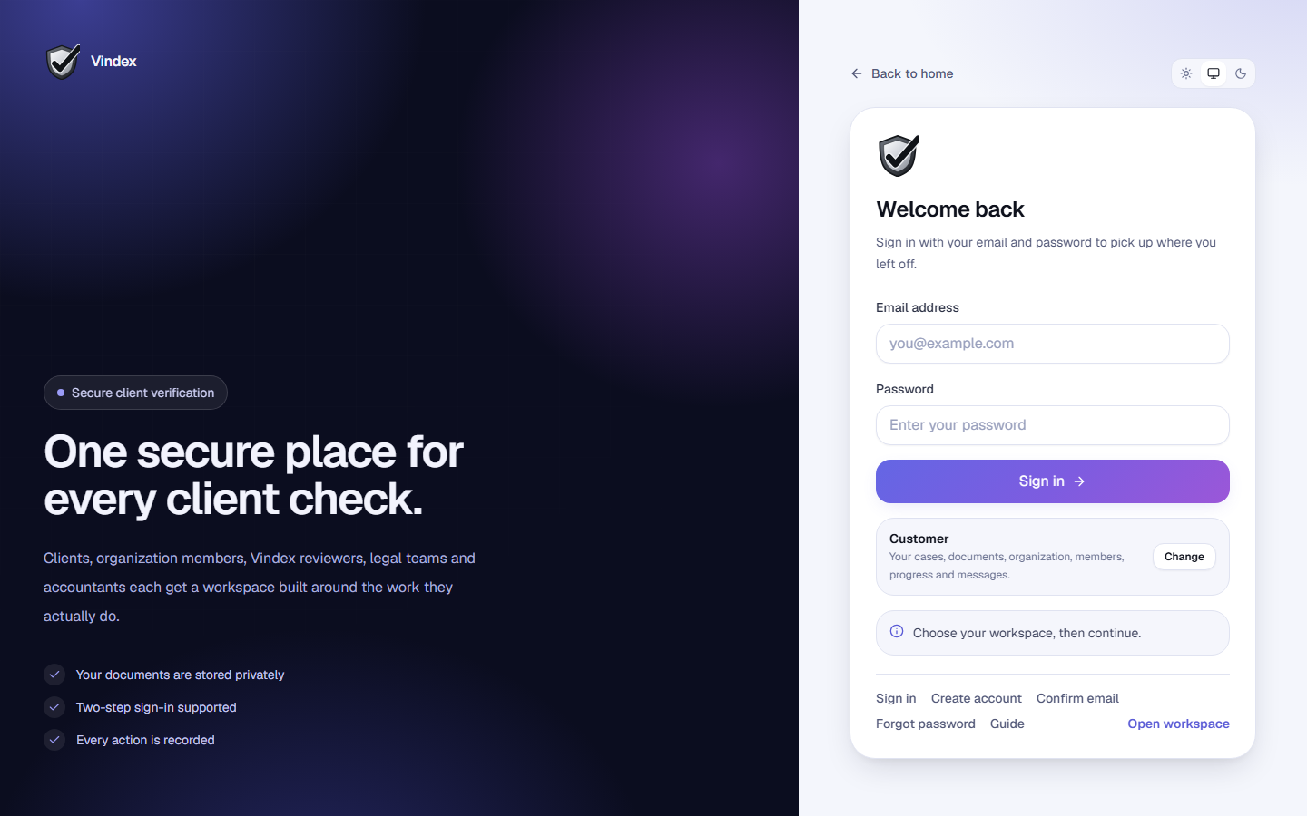 The Vindex sign-in page